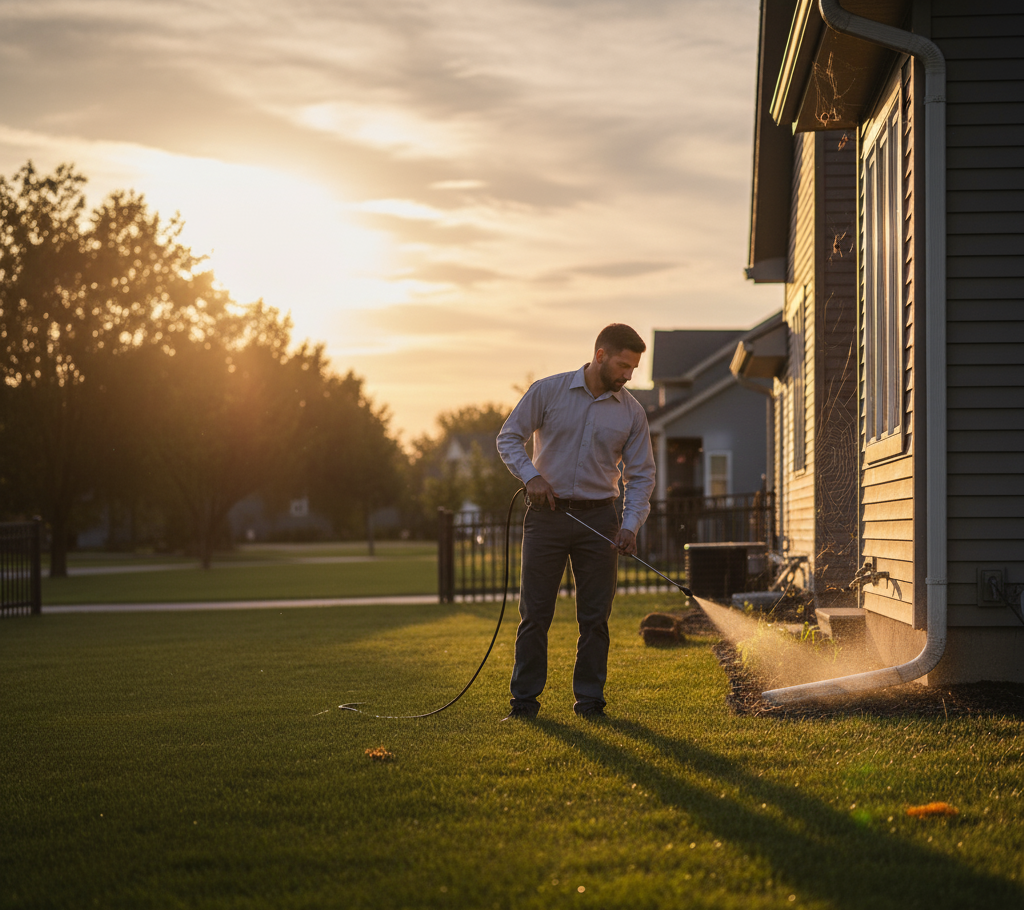 A man in a button-down shirt and slacks is spraying a liquid from a hose attached to a wand onto the base of a house's exterior wall, near a white gutter downspout. The scene is outdoors on a grassy lawn at sunset, with a bright, warm sun flare coming from the left.