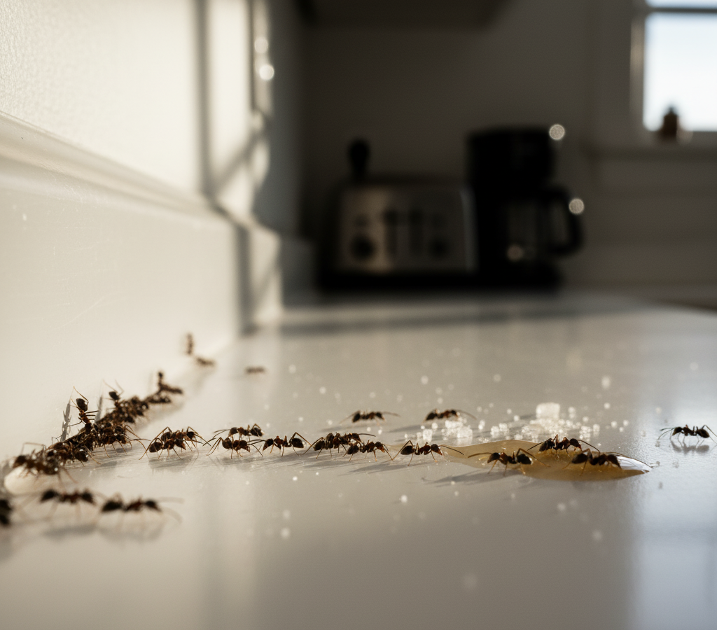 Sugar ants trail gathering sugar along the edges of a white wall.