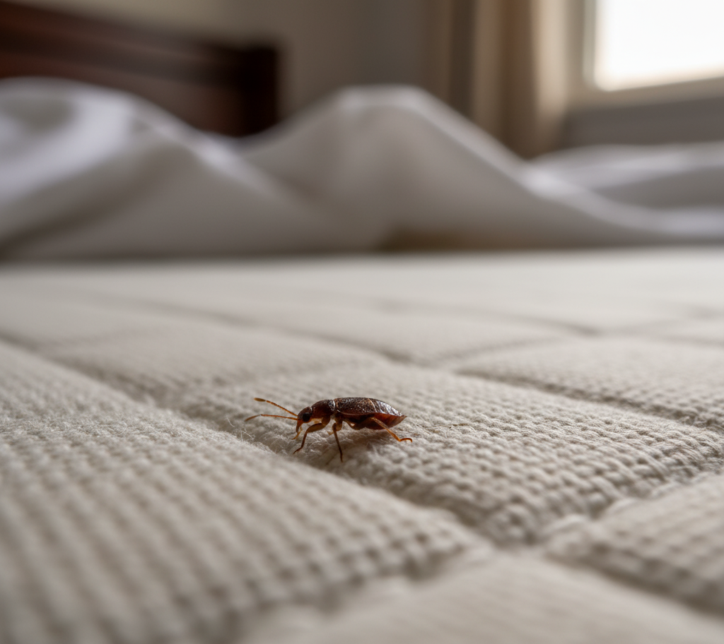 A macro image of a bed bug crawling on a white bed