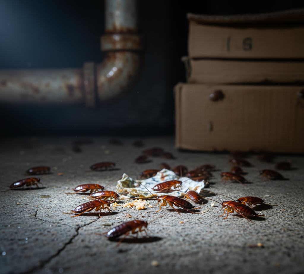 An infestation of many reddish-brown cockroaches is visible on a cracked concrete floor in a dark, dusty environment, possibly a basement or storage area. They are clustered around a piece of discarded food and dust is visible in a ray of light. In the background, a rusty pipe curves above two stacked cardboard boxes.