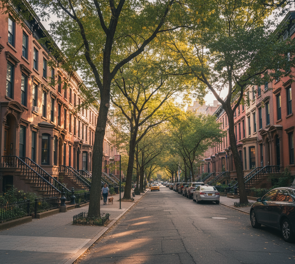 Tree-lined street flanked by historic brownstone row houses on both sides, with parked cars and a person walking a dog.