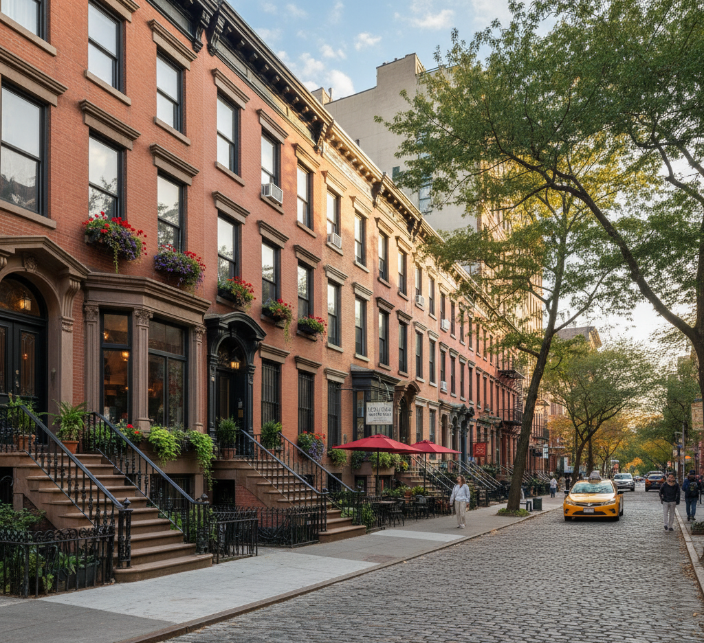 A cobblestone street lined with historic orange-brick row houses in a city, with a yellow taxi visible in the distance and trees casting shadows.