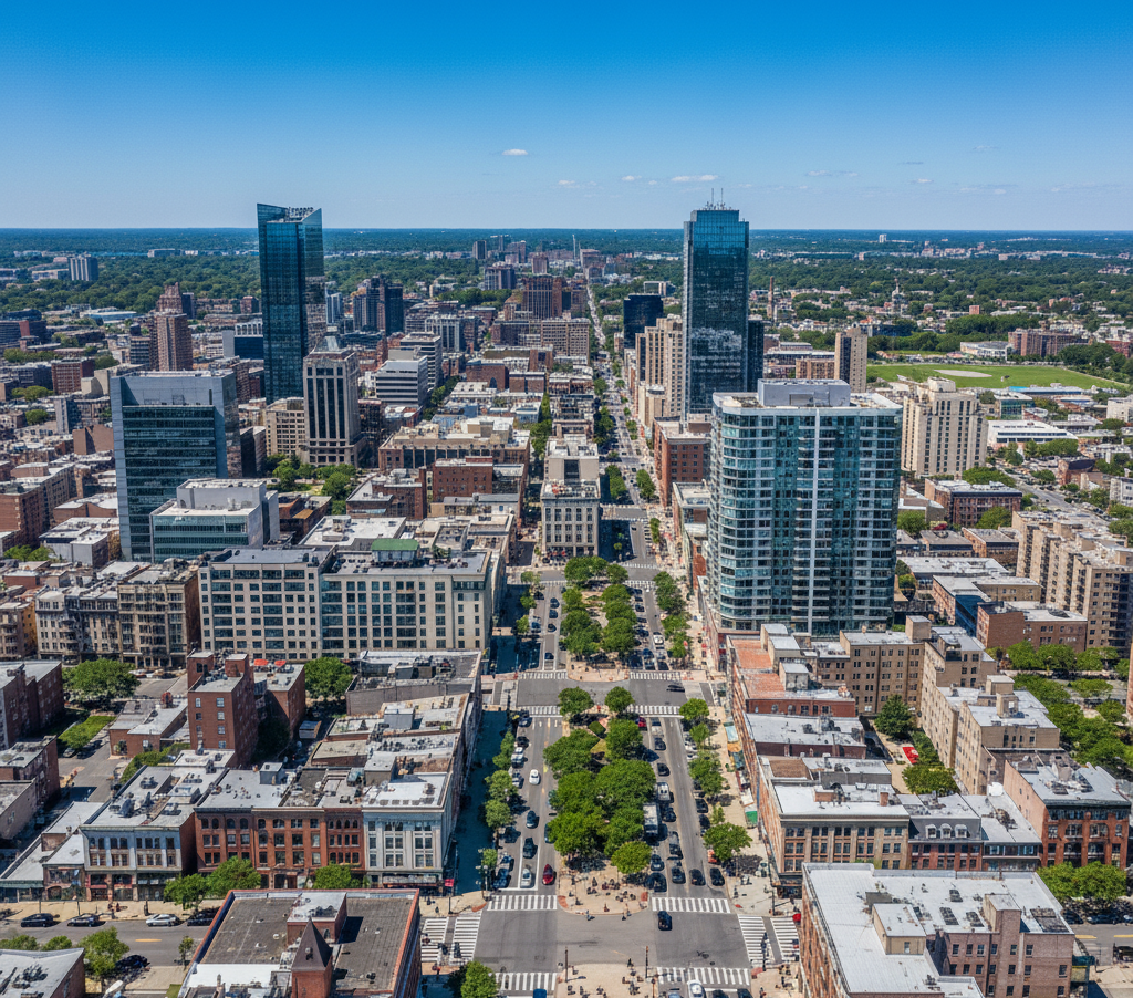 Aerial view of a dense city with a long avenue leading to tall modern skyscrapers in the distance.