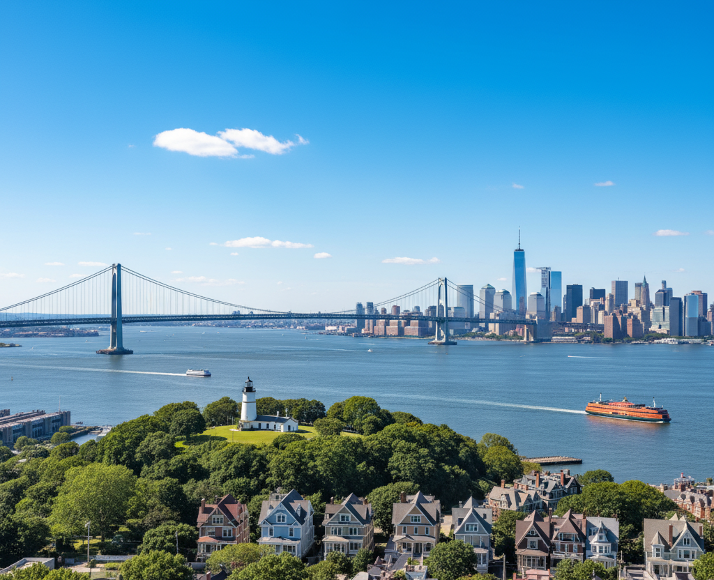View of a major city skyline (Manhattan) across a wide bay, featuring a suspension bridge on the left, a lighthouse on a wooded hill in the foreground, and residential homes.