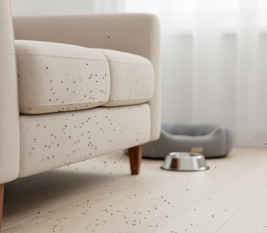 A close-up view of the side of a light-colored upholstered armchair, which is covered in numerous tiny black specs, likely fleas or flea dirt, with many specs also visible floating in the air and scattered across the light wood floor. In the blurry background are a gray pet bed and a metal food bowl.