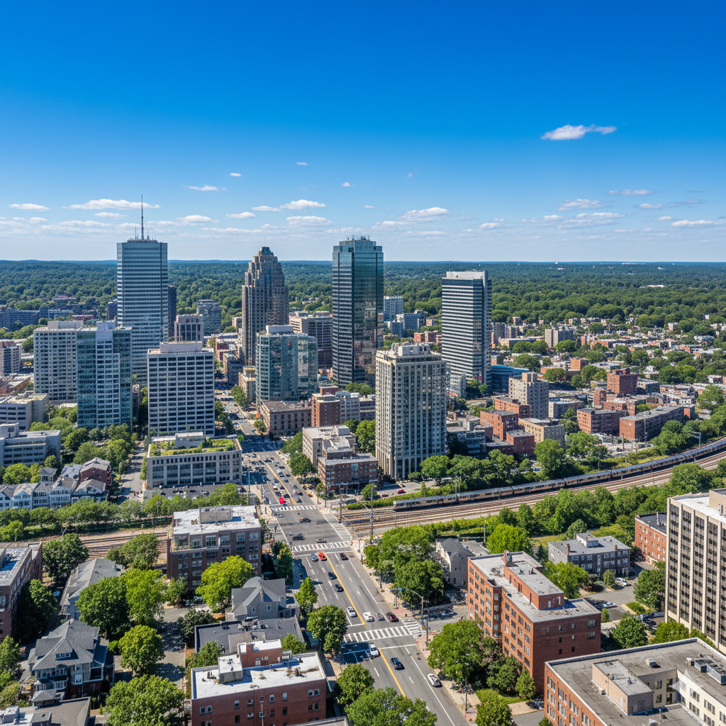 Aerial view looking down a wide city avenue toward a cluster of modern skyscrapers on the horizon.