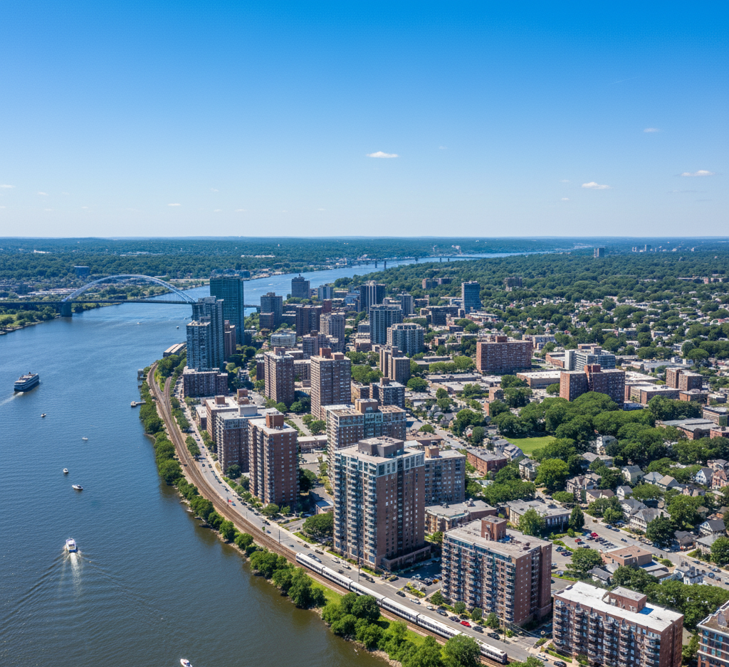 Aerial view of a city skyline along a wide river, with residential towers and green suburbs in the background.