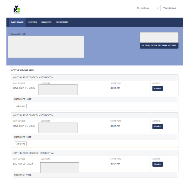 Your portal dashboard: active programs, next service dates, invoices, and a Documents tab holding every report and label.