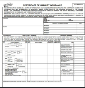 Certificate of Insurance (sample) for a pest-control vendor