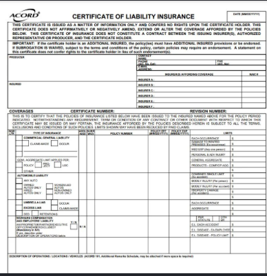 Certificate of Insurance (sample) &mdash; Additional Insured ready.