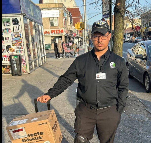 NYE owner servicing a commercial pharmacy rodent program, Brooklyn
