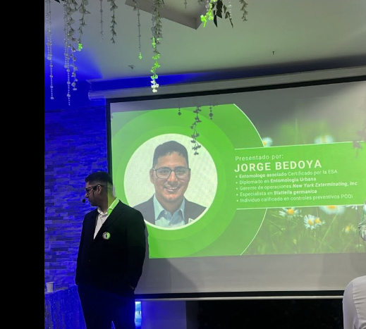 Conference slide naming Jorge Bedoya as an ESA-certified Associate Certified Entomologist (ACE) and PCQI at New York Exterminating