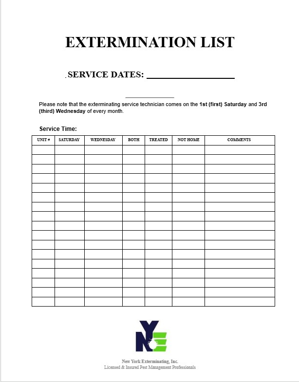 Our &ldquo;Extermination List&rdquo; sign-up sheet, posted in lobbies/laundry rooms.