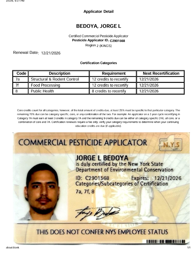 Jorge Bedoya NYSDEC Commercial Pesticide Applicator license card