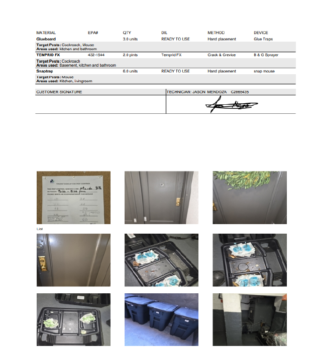 Photographic proof from every visit &mdash; the resident sign-up sheet, time-stamped no-answer doors, dated bait stations, and compactor & trash conditions &mdash; attached to the work order.