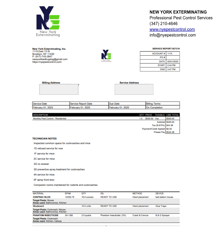 A real NYE service report: per-unit technician notes, the materials used with EPA numbers, target pests, and areas treated &mdash; exactly the record HPD and your board want to see.