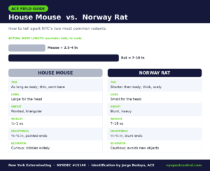 House mouse vs Norway rat size and feature comparison for NYC apartments — rodent identification guide by Jorge Bedoya, ACE.