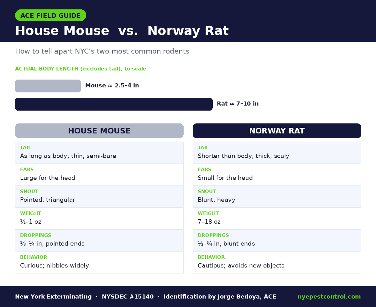 House mouse vs Norway rat size and feature comparison for NYC apartments — rodent identification guide by Jorge Bedoya, ACE.