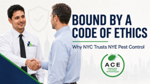 Jorge Bedoya, ACE, shaking hands with a customer to represent NYE Pest Control’s code of ethics.