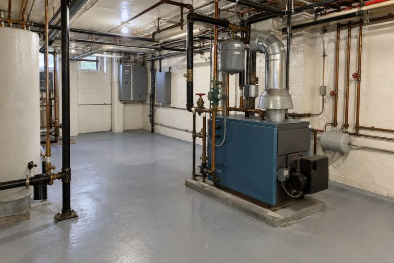 Clean NYC building basement boiler room with pipes