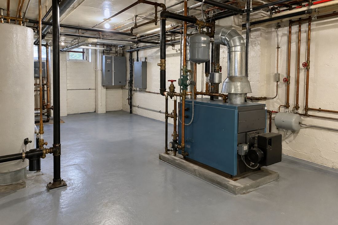 Clean NYC building basement boiler room with pipes