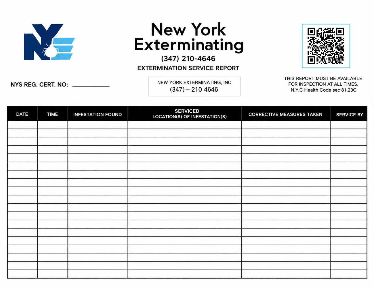 NYE extermination service report logbook sheet for commercial accounts