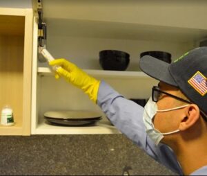 NYE technician applying gel bait into an upper kitchen cabinet hinge