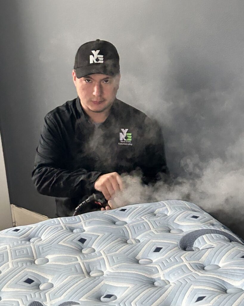 NYE technician in company cap and logo shirt steam-treating a mattress