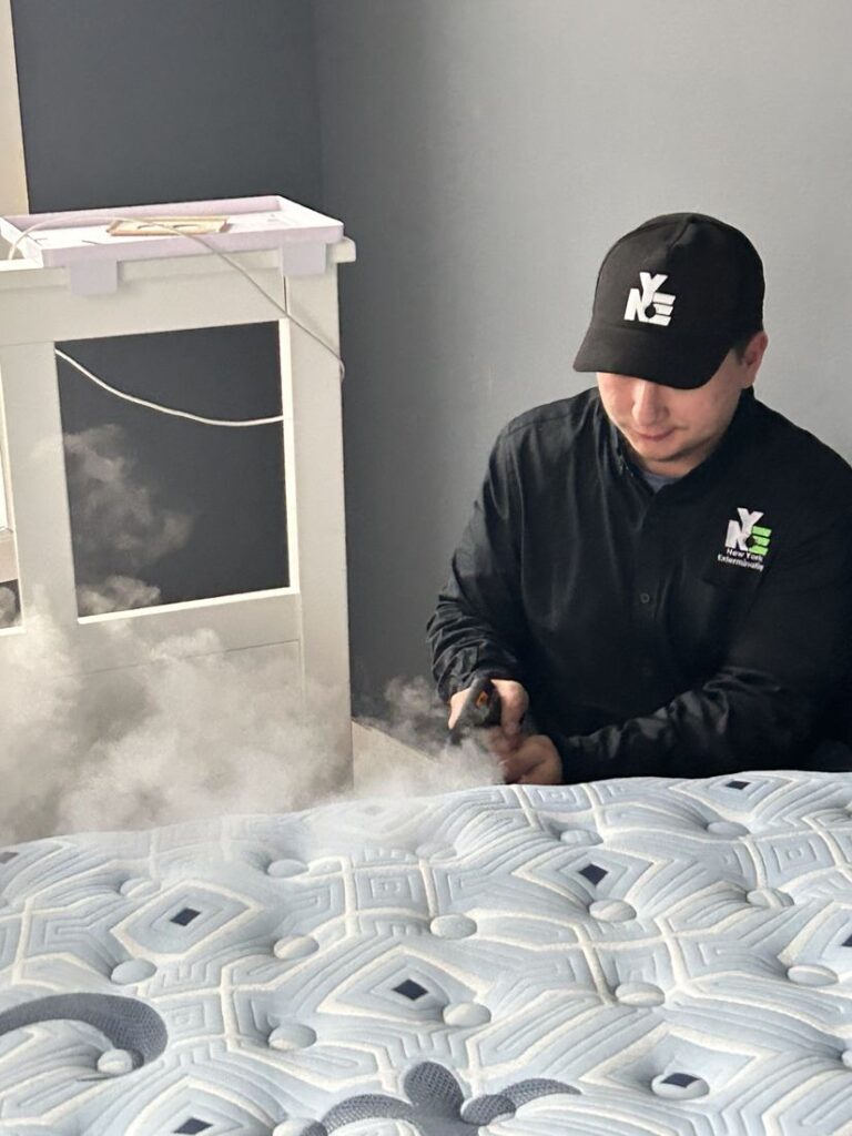NYE technician steam-treating a mattress seam during a bed bug treatment