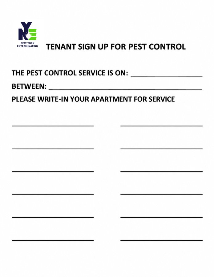 NYE tenant sign-up sheet for building-wide pest control