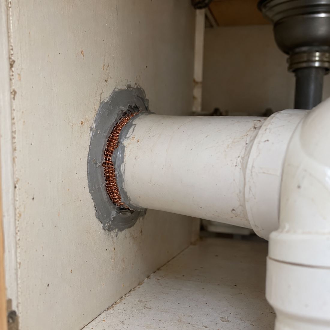 Pipe gap sealed with copper mesh and sealant under a sink