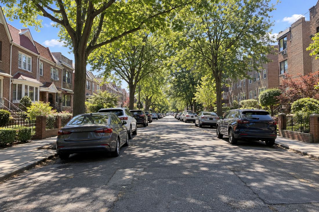 Tree-lined residential street in Midwood, Brooklyn