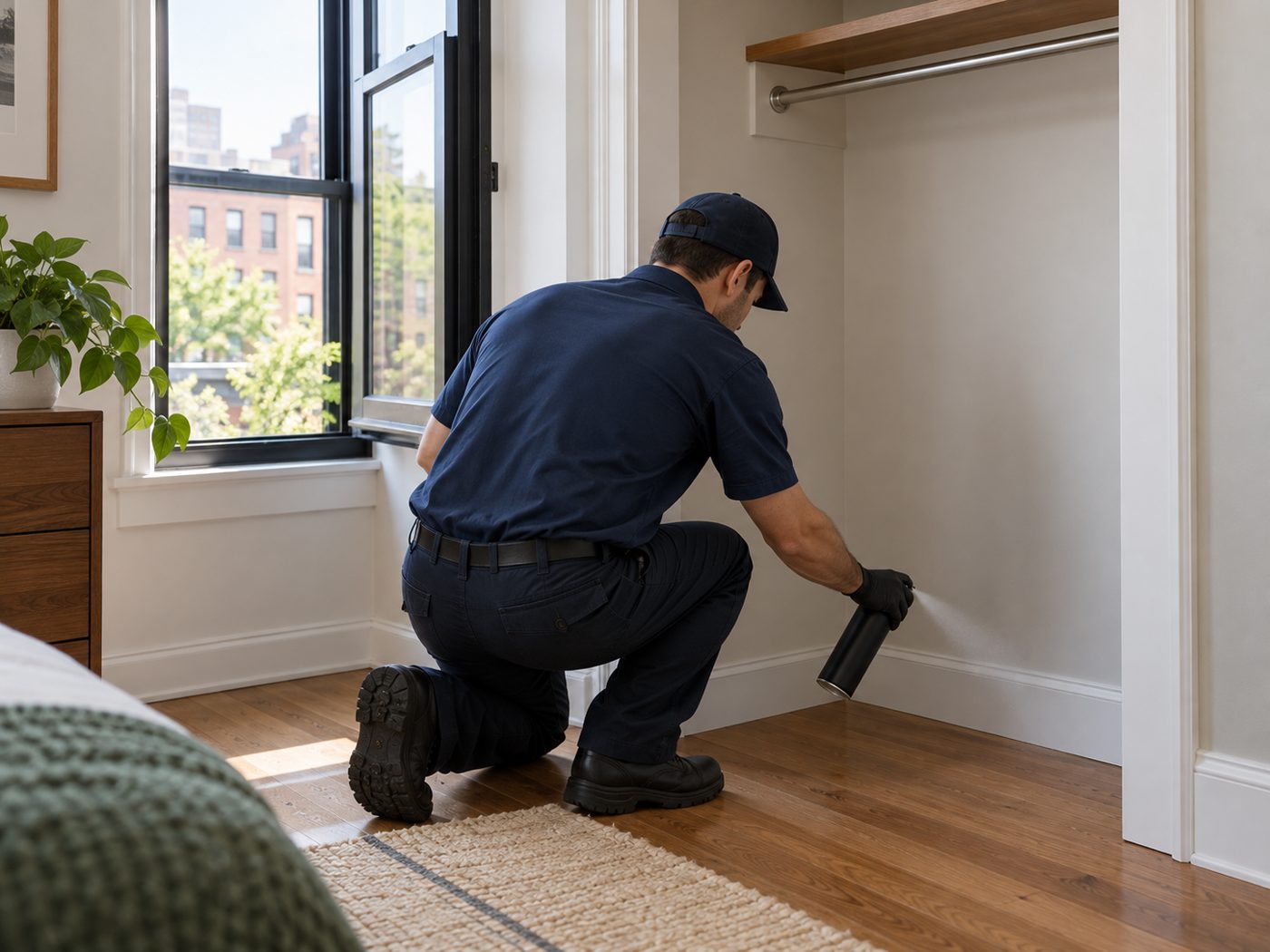 Illustration of a technician spraying an aerosol along a closet baseboard