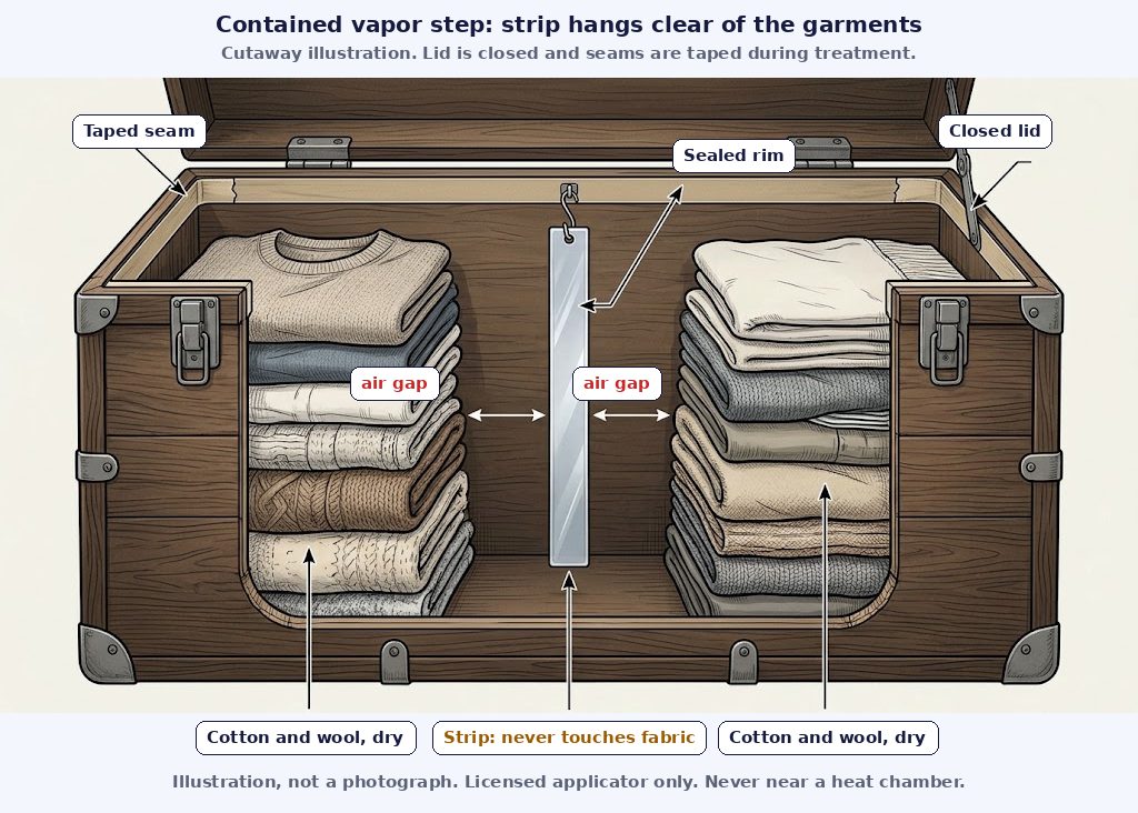 Illustration of a sealed trunk with a vapor strip hanging clear of the garments