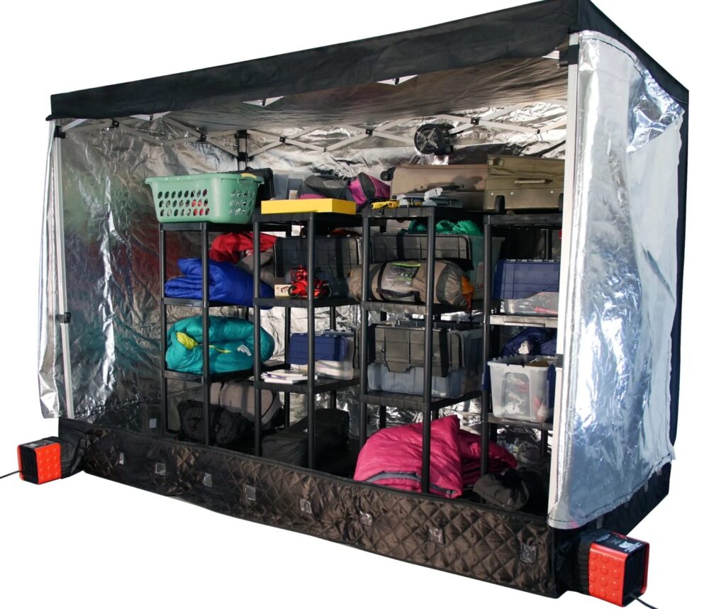 ZappBug Room heat chamber filled with shelves of stored belongings